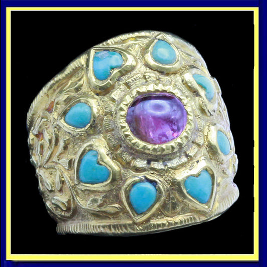 antique vintage ring gold turquoise ruby large unisex ring hearts repousse