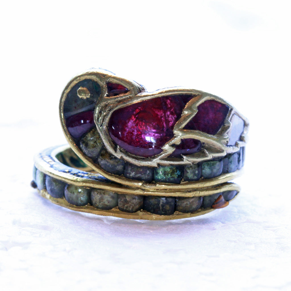 Antique ring 18k gold rubies emeralds diamond enamel bird Indian (7252)
