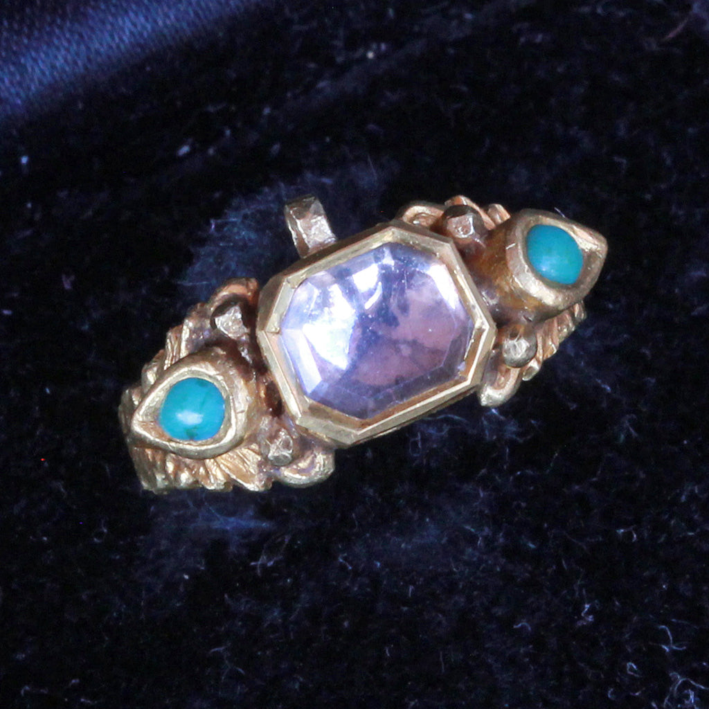 Antique Vintage Ring 22k Gold Turquoise Rock Crystal Rajastan India (7257)