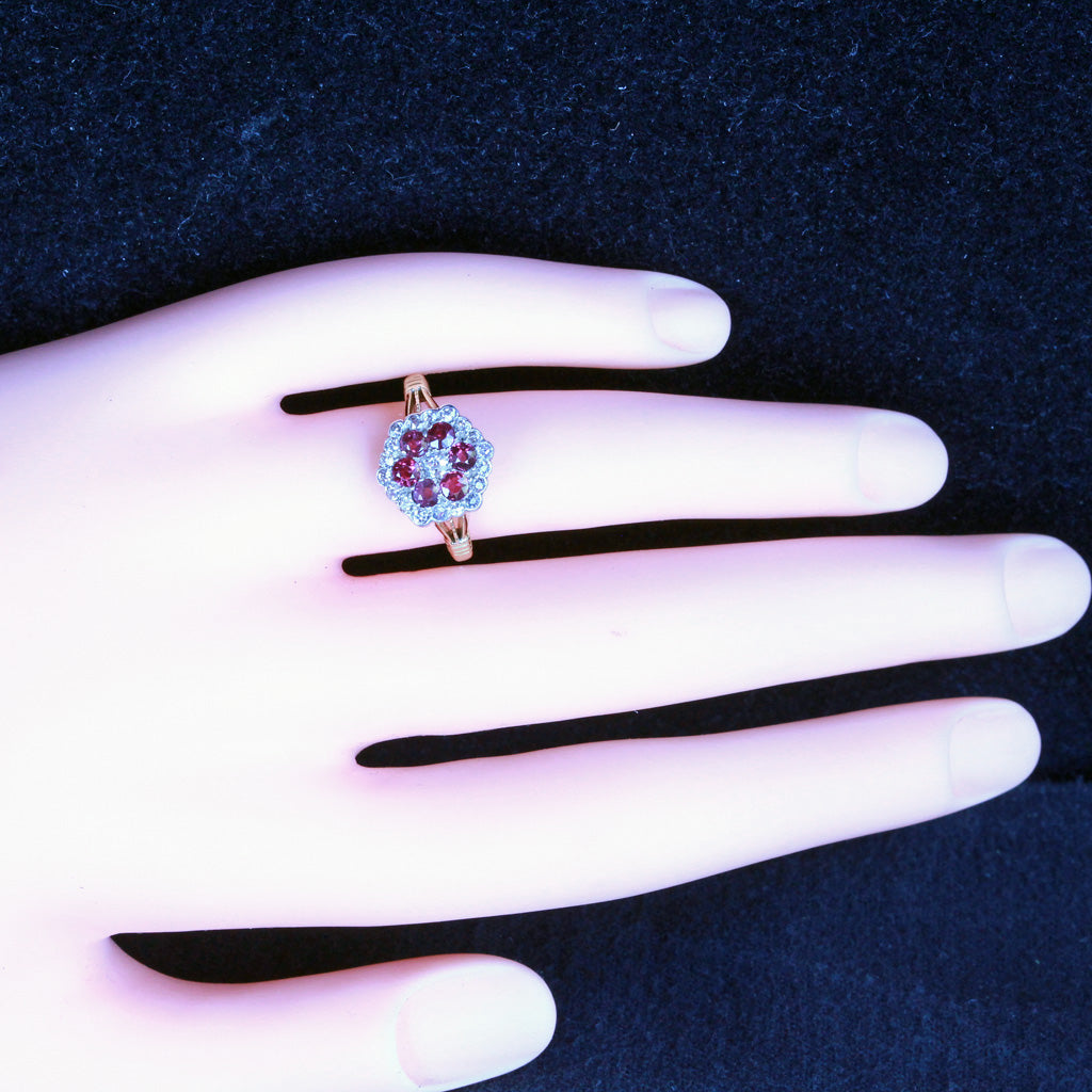Antique Victorian Edwardian ring 18k gold diamond ruby flower appraisal (7270)