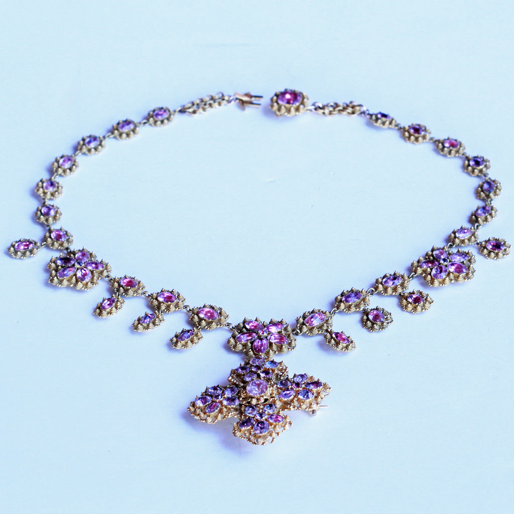 Georgian Set Gold Pink Topaz Earrings Bracelets Necklace Pendant Brooch (7166)