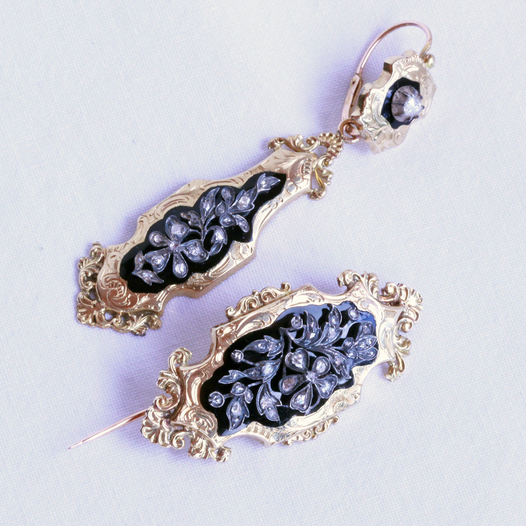 Antique earrings brooch jewelry parure set diamonds gold enamel French (7235)