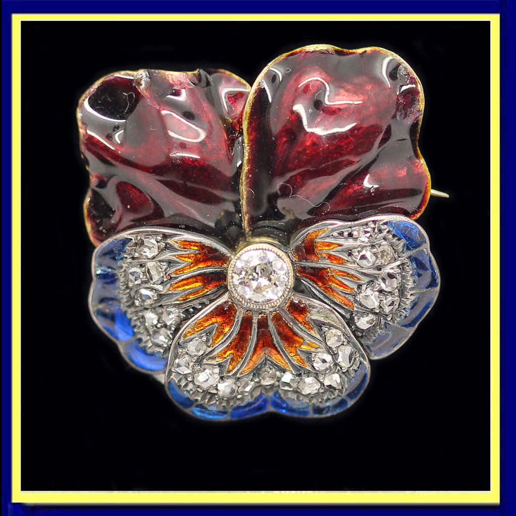 antique pansy brooch gold diamonds enamel plique a jour
