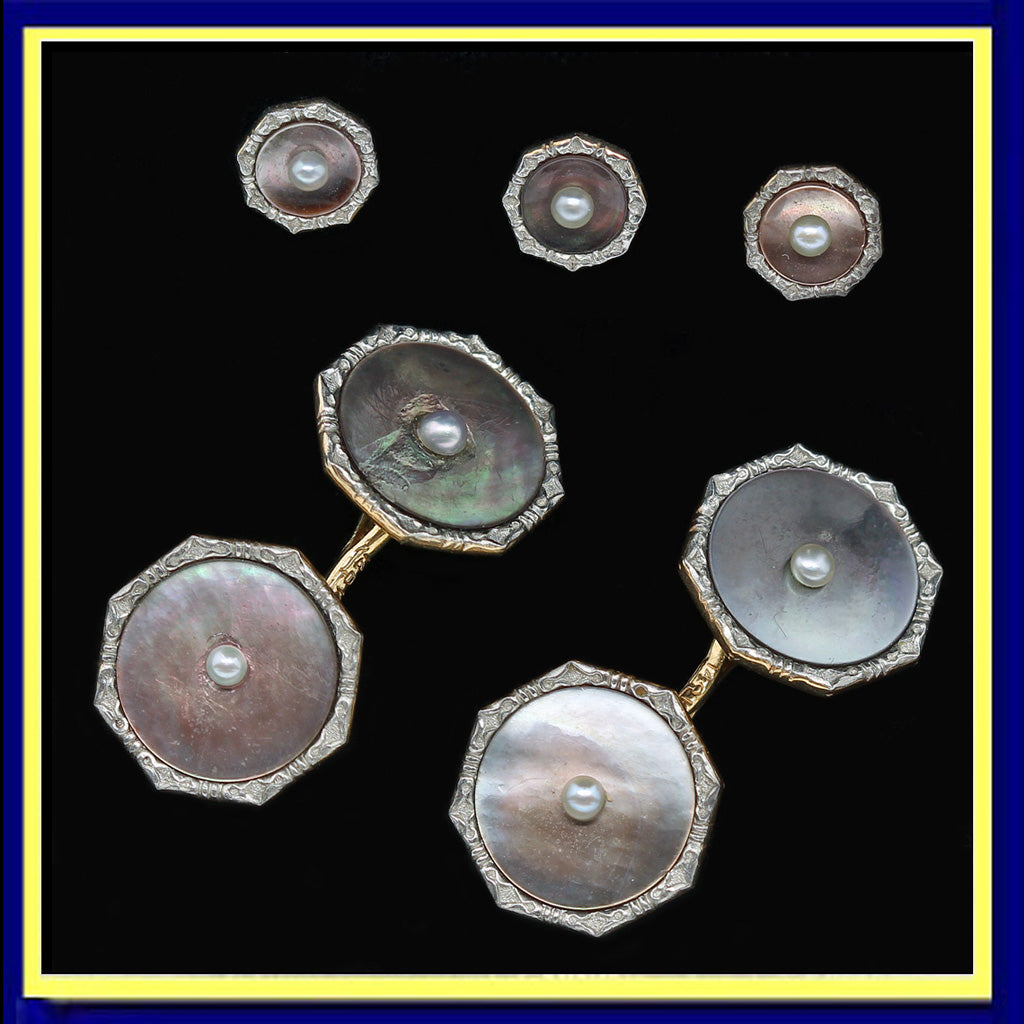 LARTER Antique Victorian Gents Dress Set Cufflinks Buttons Gold MOP Pearl (4984)
