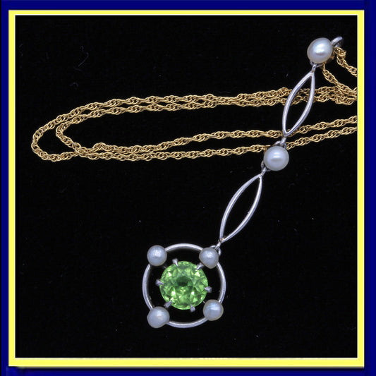 Art Deco Pendant Necklace Peridot Pearl Platinum & Gold (#4372)