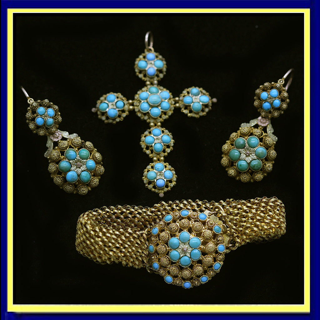 Antique Georgian Jewelry Set Gold Cannetille Turquoise Earrings Cross (5432)