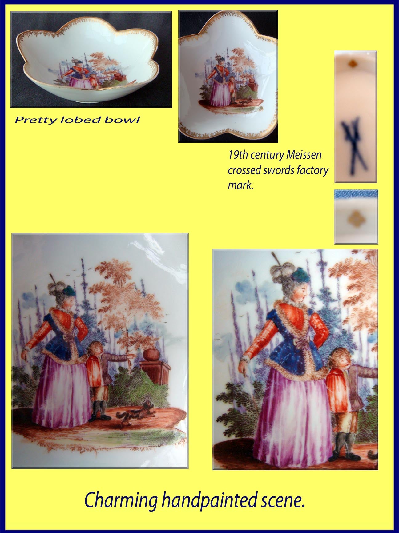Antique Meissen porcelain Bowl HP Mother Child Dog in Garden (1011)