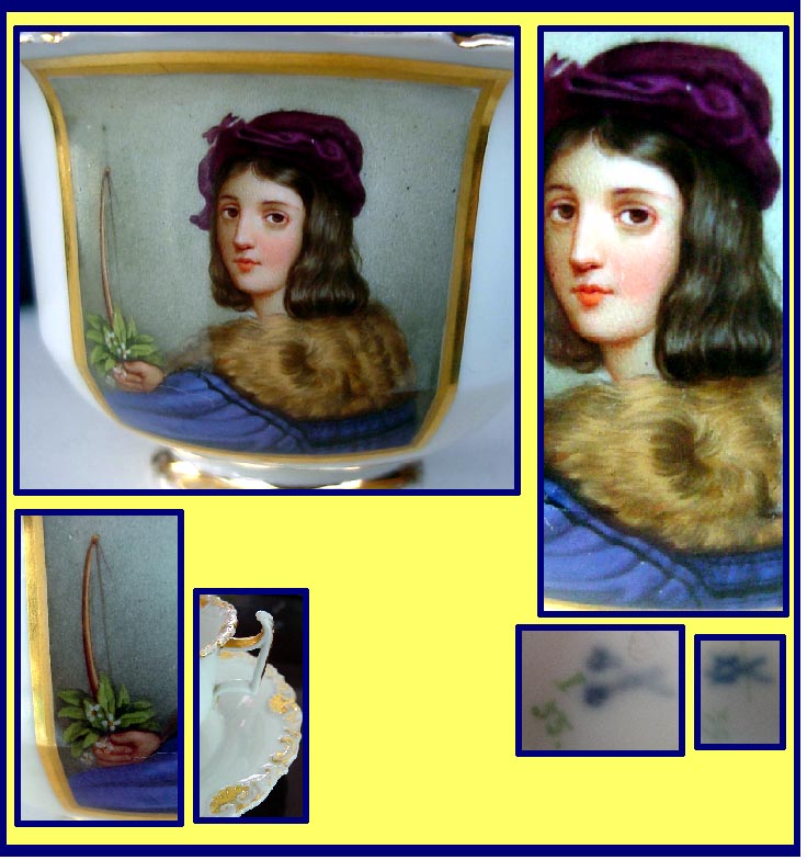 Antique early Meissen porcelain cup saucer hand painted portrait c1820 (1197)