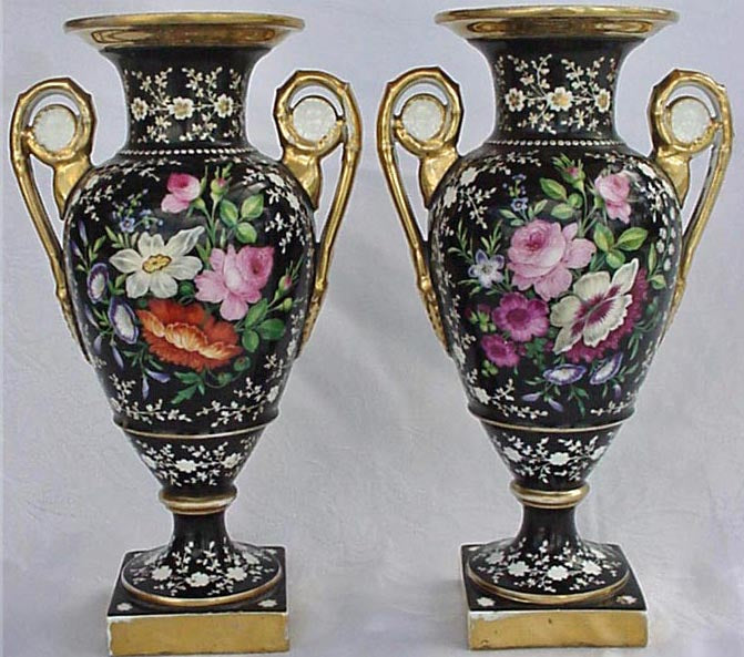 Antique Paris Sevres Pair black vases handpainted flowers (1068)