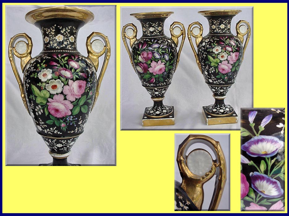 Antique Paris Sevres Pair black vases handpainted flowers (1068)