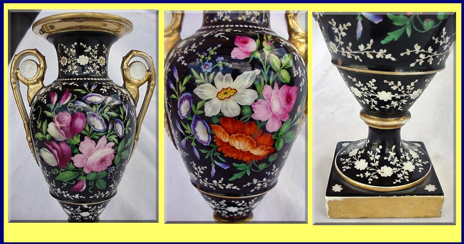 Antique Paris Sevres Pair black vases handpainted flowers (1068)