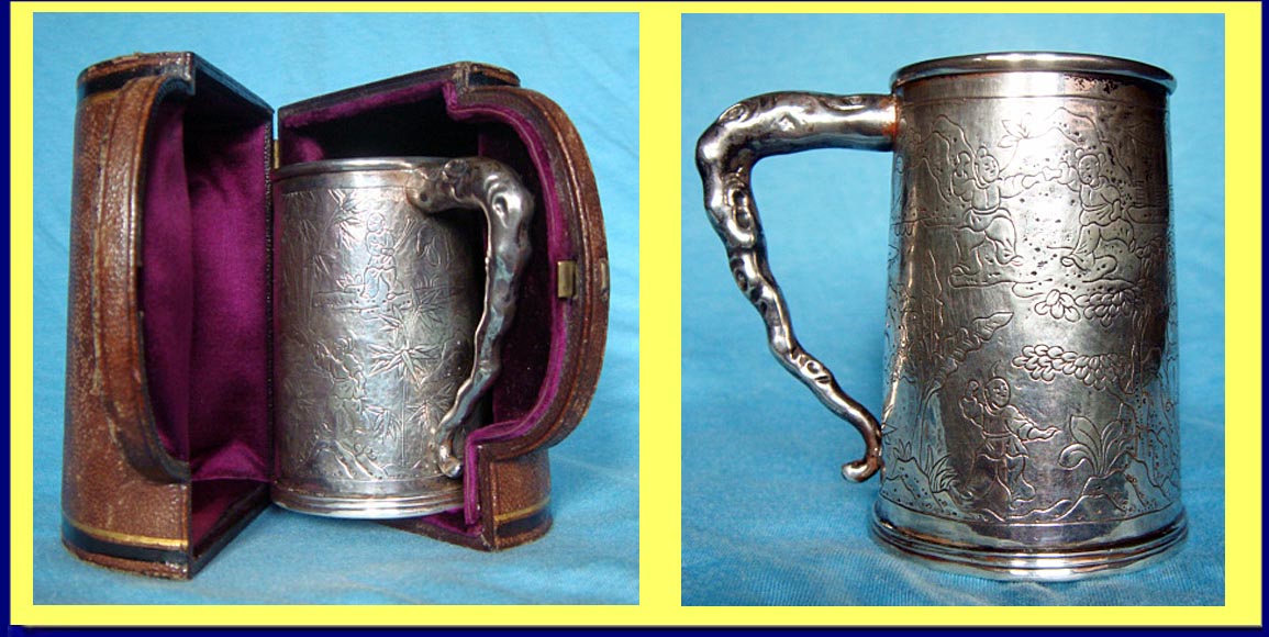 Antique Chinese Export Silver Christening Mug Tankard Shagreen Case (4749)