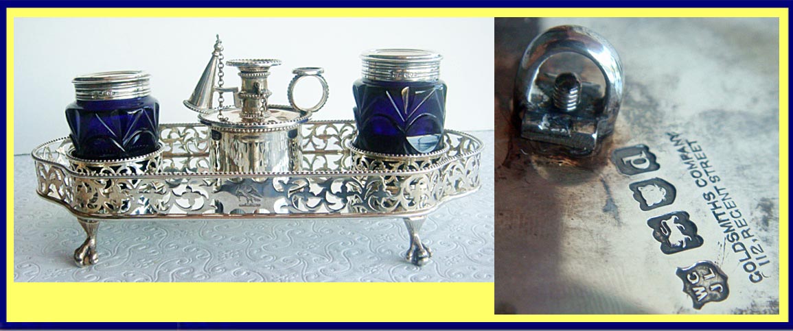Antique Sterling Silver, Cobalt Glass Desk set Goldsmiths & Silversmiths Co. (4901)