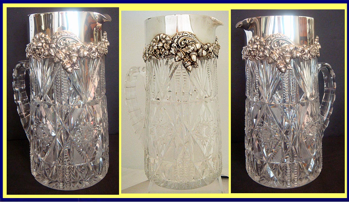 Antique Cut Glass Sterling Silver Pitcher Jug Bailey Banks & Biddle Acorn (5026)