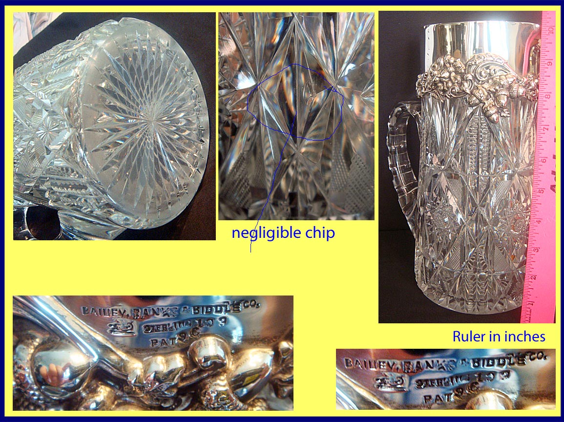 Antique Cut Glass Sterling Silver Pitcher Jug Bailey Banks & Biddle Acorn (5026)