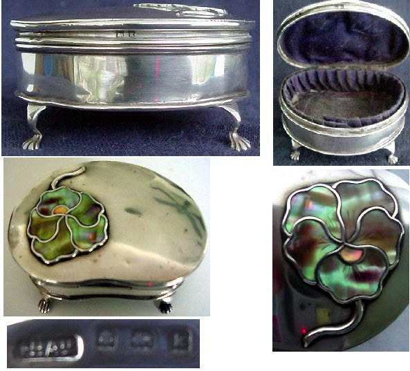 Antique Victorian Jewelry Trinket Box Sterling Silver Mother of Pearl Pansy (715)