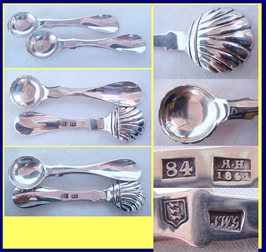 Antique Imperial Russian Silver Salt Dish W 2 Salt Caviar Spoons Scoops  (4305)