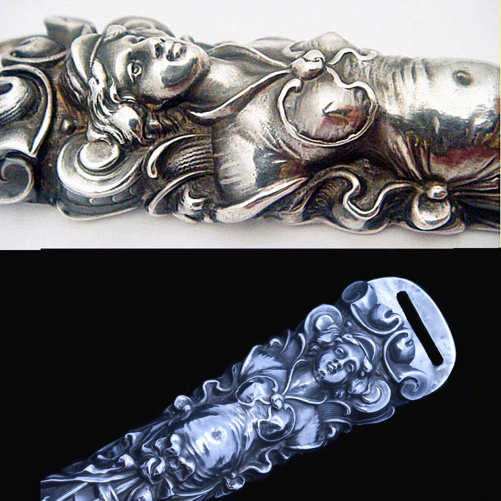 Unger Bros Sterling Silver Etui Bodkin Case Antique Nouveau figural sewing (5092)