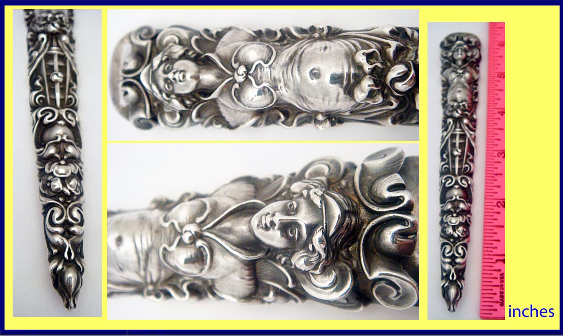 Unger Bros Sterling Silver Etui Bodkin Case Antique Nouveau figural sewing (5092)