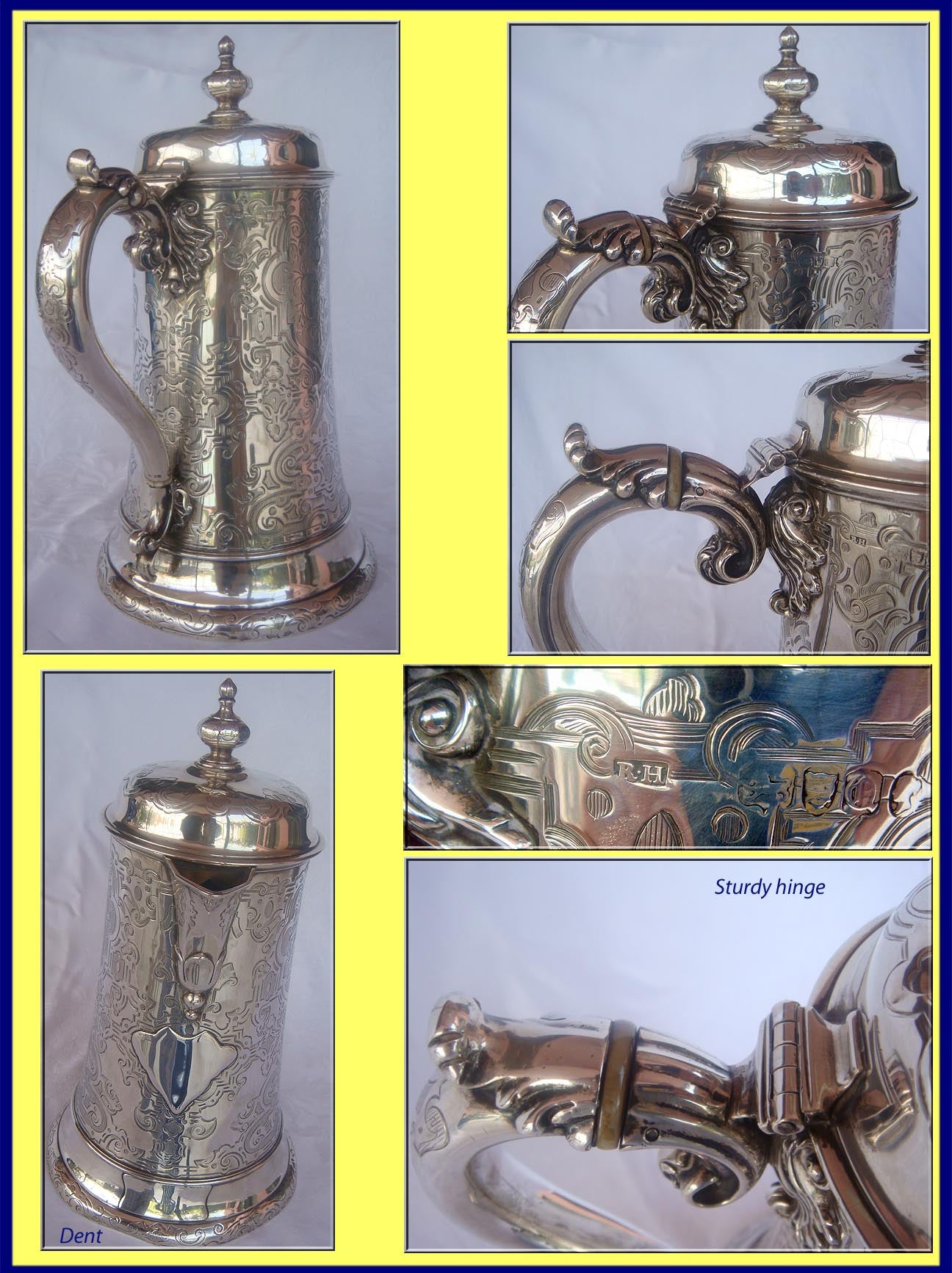 Antique WINE JUG FLAGON 1850 STERLING SILVER R HENNEL (1284)