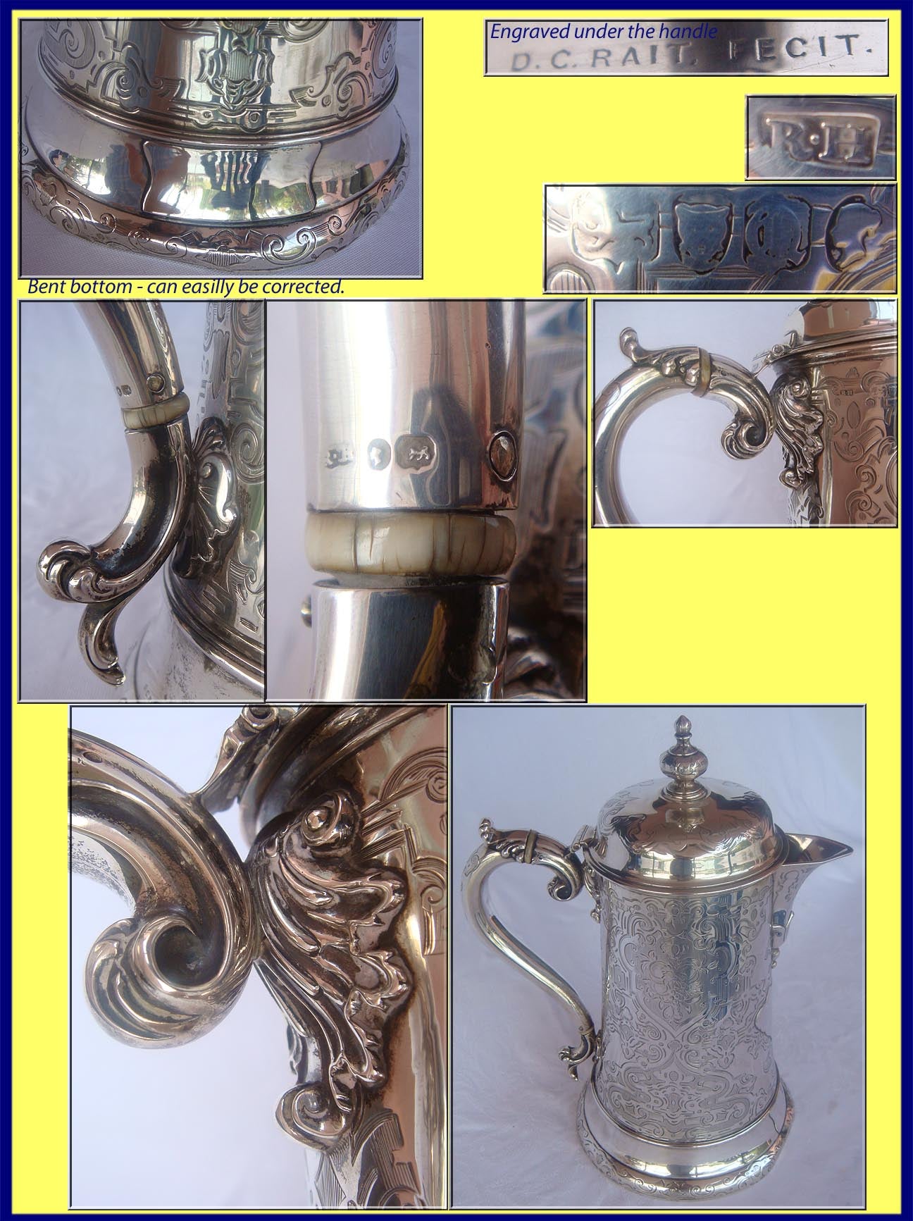 Antique WINE JUG FLAGON 1850 STERLING SILVER R HENNEL (1284)