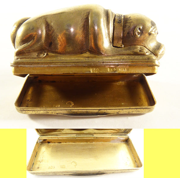 Antique Imperial Russian Gilded Silver Amethyst Tobacco Box Dog Bulldog Pug (5653)