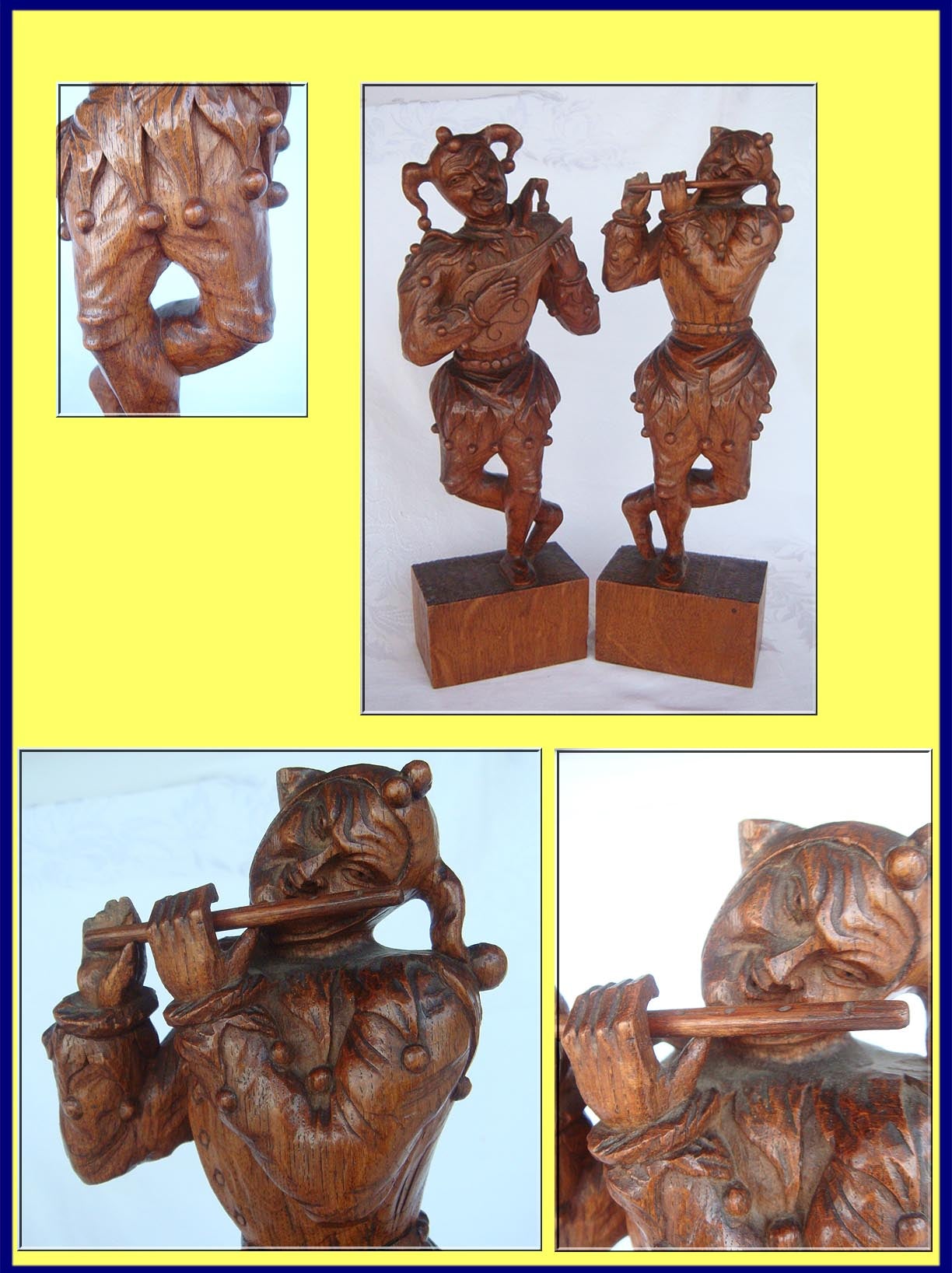 Antique Pair Sculpted Carved Figures Jester Musicians Wood (3953)