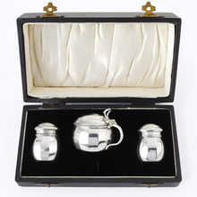 Antique Sterling Silver Condiment set salt pepper mustard blue glass liner (3302)