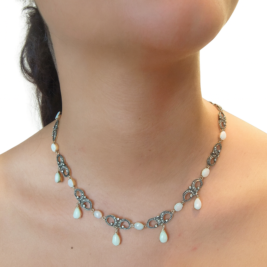 Antique Victorian Opal & Diamond Necklace 18k Gold with Appraisal (3764)