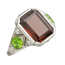 Antique Art Deco Signet Ring 18k Gold Garnet Peridot Diamonds Unisex (7189)