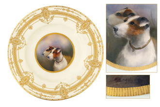 Antique Royal Worcester Plate Painting Dog Gilding Signed Stanley (3781)