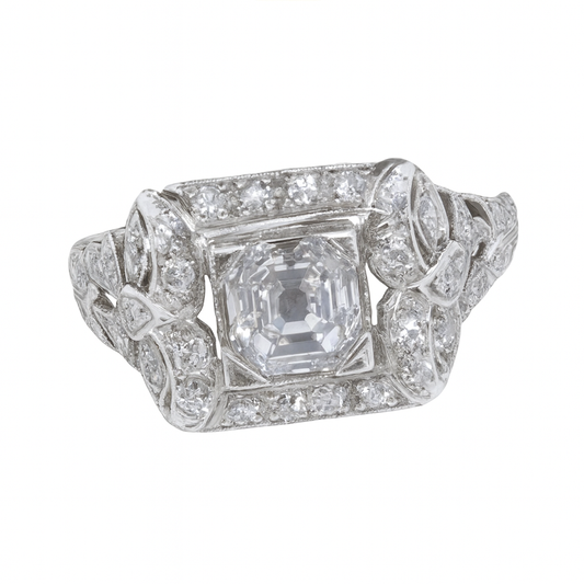 Antique Vintage Deco Ring Asscher Cut E Diamond GIA Platinum Engagement (7072)