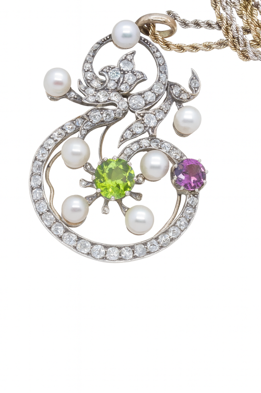 Antique Suffragette Pendant Necklace Gold Plat Diamonds Pearls Peridot (6989)