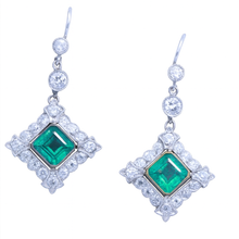 Antique Earrings Platinum Diamonds Emeralds Colombia w Certificates (7128)