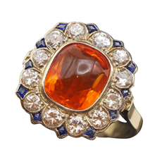 Vintage Art Deco ring cushion cut fire opal diamonds sapphires 14k gold (7494)