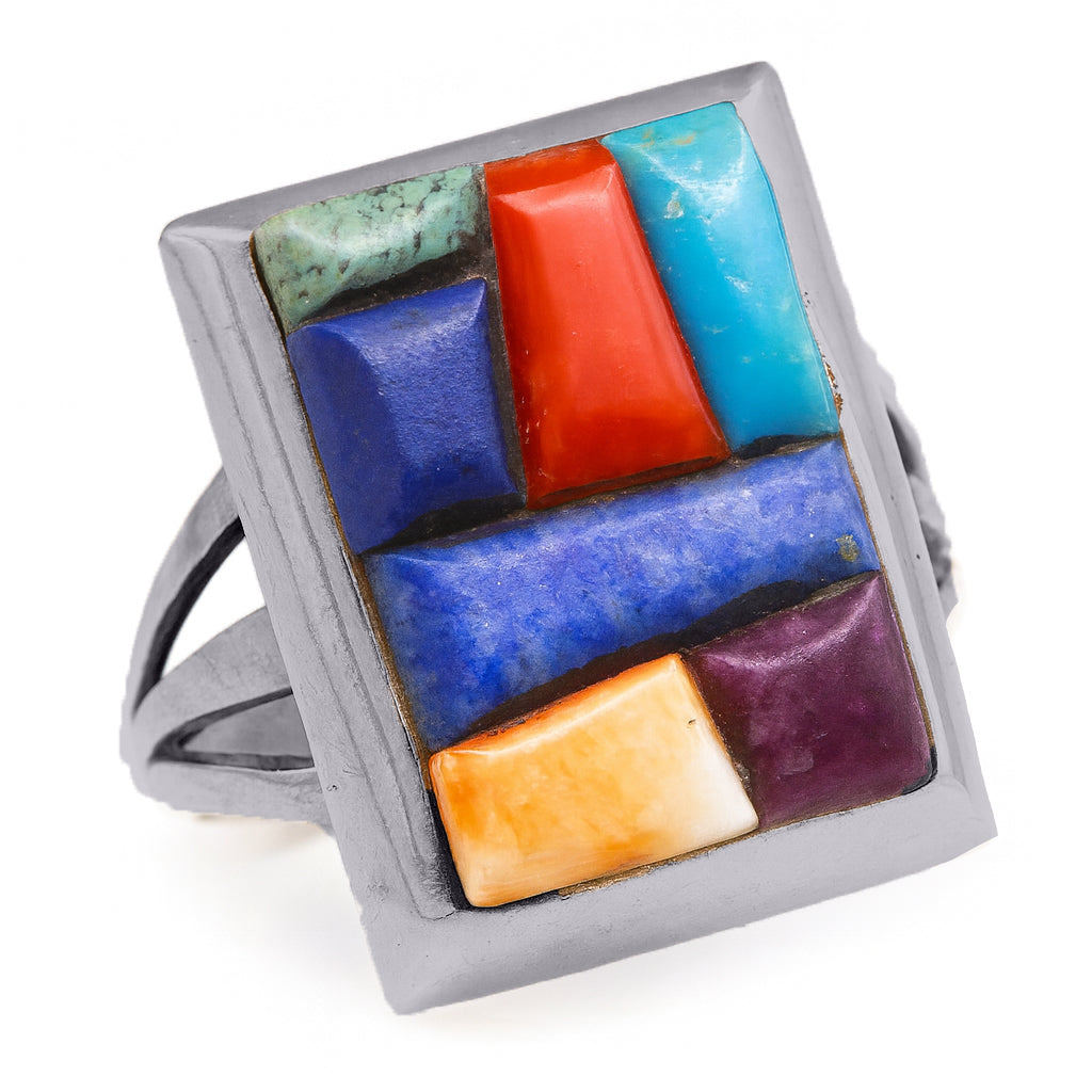Vintage ring Man's Navajo multi gemstone silver signed Alvin Yellowhorse (7336)
