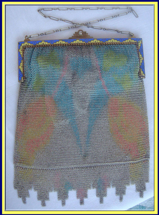 Antique Art Deco Purse evening Bag Mesh Metal Enamel German 1920's Flapper
