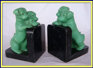 Charming Antique Puppy Dog Bookends Painted Metal Figures