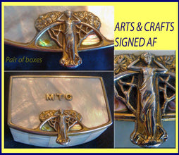 Art Nouveau Pair Boxes Mother Of Pearl Gilded Silver Women Signed AF (3378)