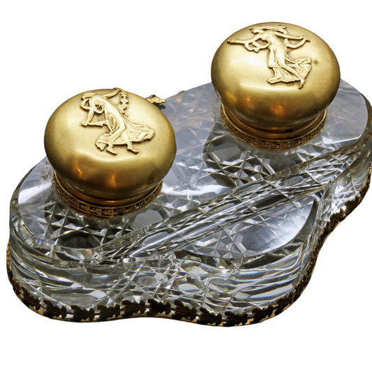 Art Nouveau Cut Glass Gilt Bronze Desk Set Dancing Nymphs Gryphons Acorns (1812)