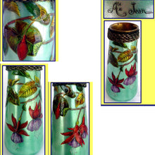 Antique Victorian handpainted signed Limoges Enamel on metal vase fuschias (2246)