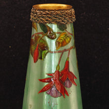 Antique Victorian handpainted signed Limoges Enamel on metal vase fuschias (2246)