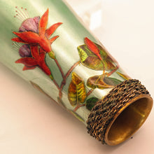 Antique Victorian handpainted signed Limoges Enamel on metal vase fuschias (2246)