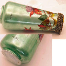 Antique Victorian handpainted signed Limoges Enamel on metal vase fuschias (2246)