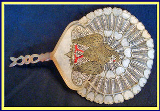 Antique Art Nouveau fan eventail pierced vellum hp eagle hearts horn frame