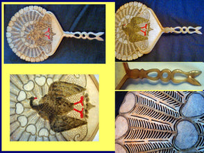 Antique Art Nouveau fan eventail pierced vellum hp eagle hearts horn frame (3500)