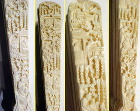 Antique Chinese Carved Ivory and Bone Brise Fan Eventail w silk fan box (5490)