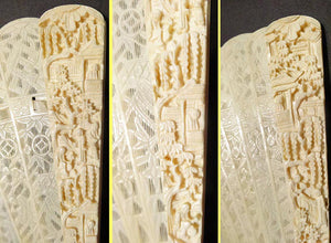 Antique Chinese Carved Ivory and Bone Brise Fan Eventail w silk fan box (5490)