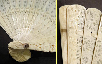 Antique Chinese Carved Ivory and Bone Brise Fan Eventail w silk fan box (5490)