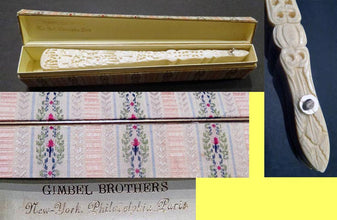 Antique Chinese Carved Ivory and Bone Brise Fan Eventail w silk fan box (5490)